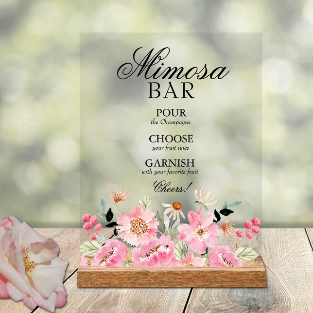 Pink Floral Bridal Shower Mimosa Bar Acrylic Sign (Pink floral bridal shower Mimosa Bar tabletop acrylic sign)