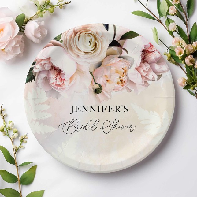 Pink Floral Bridal Shower Paper Plate (Pink Blush Bridal Shower Paper Plates)