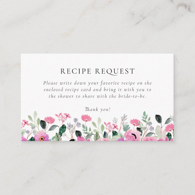Pink Floral Bridal Shower Recipe Request Enclosure Card (Front)