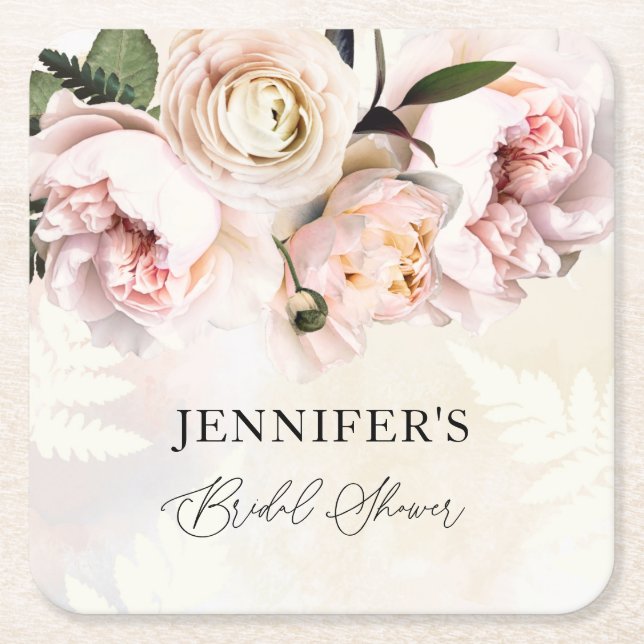 Pink Floral Bridal Shower Square Paper Coaster (Front)