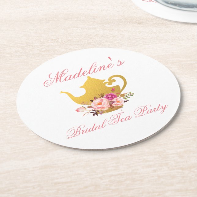 Pink Floral Bridal Shower Tea Party Round Paper Coaster (Angled)
