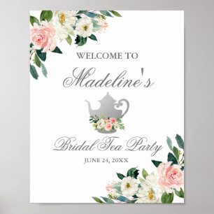 Pink Floral Bridal Shower Tea Party Silver Welcome Poster