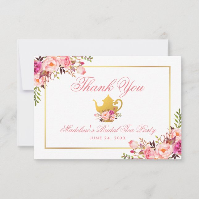 Pink Floral Bridal Shower Tea Party Thanks Invitation (Front)