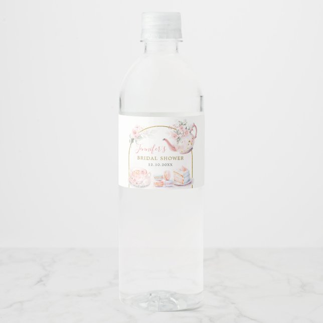 Pink Floral Bridal Shower Tea Party Water Bottle Label (Front)
