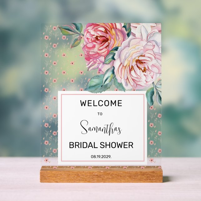 Pink Floral Bridal Shower Welcome Acrylic Sign (Neutral)