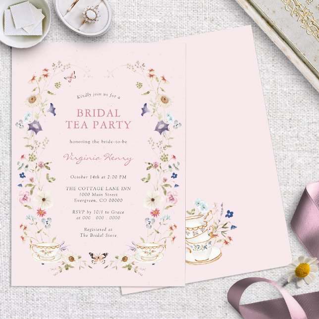 Pink Floral Bridal Tea Party Invitation (Elegant Pink Floral Bridal Tea Party Invitation with Butterflies by Painted Paperie
)