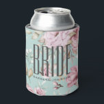 Pink Floral Bride Can Cooler<br><div class="desc">Keep the celebration cool with this elegant personalized bride can cooler! Designed with soft blush and ivory watercolor florals on a light teal background, this koozie features bold modern “BRIDE” typography and custom name text. Perfect for bridal showers, bachelorette parties, wedding mornings, or beachside bridal festivities. A stylish and practical...</div>