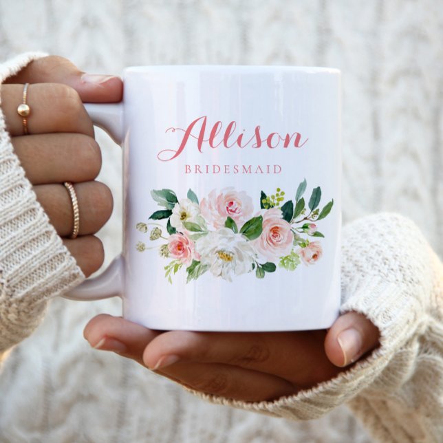 Pink floral Bridesmaid Personalized Two-Tone Coffee Mug (Creator Uploaded)