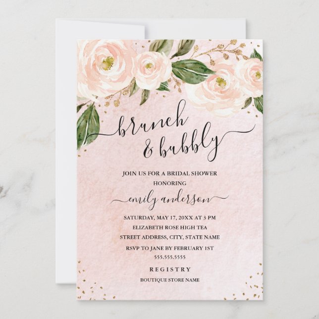 Pink Floral Brunch And Bubbly Bridal Shower        Invitation (Front)
