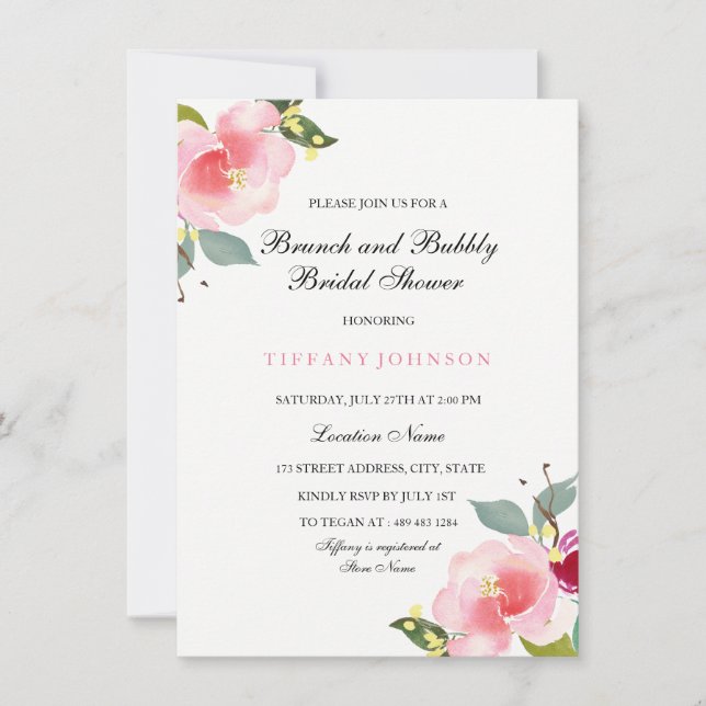 Pink Floral Brunch And Bubbly Bridal Shower Invite (Front)