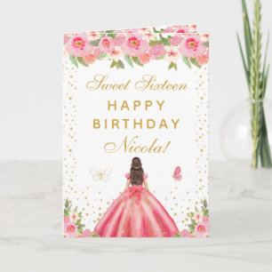 Pink Floral Brunette Hair Girl Sweet Sixteen Card