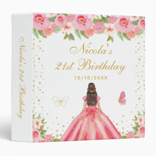 Pink Floral Brunette Hair Princess Birthday Party Binder
