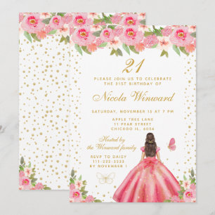 Pink Floral Brunette Hair Princess Birthday Party Invitation
