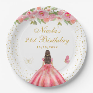Pink Floral Brunette Hair Princess Birthday Party Paper Plate