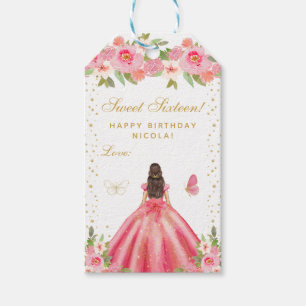 Pink Floral Brunette Hair Princess Sweet Sixteen Gift Tags