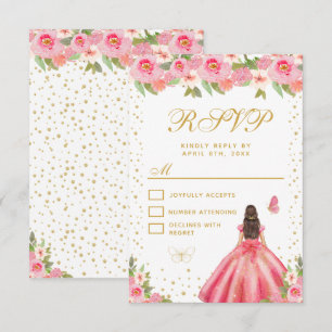Pink Floral Brunette Hair Princess Sweet Sixteen RSVP Card