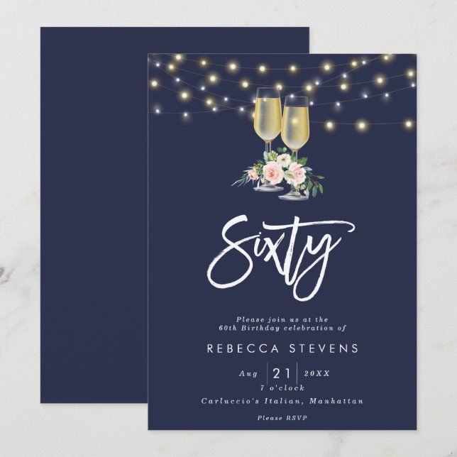 pink floral bubbly navy lights 60th birthday invitation (Front/Back)