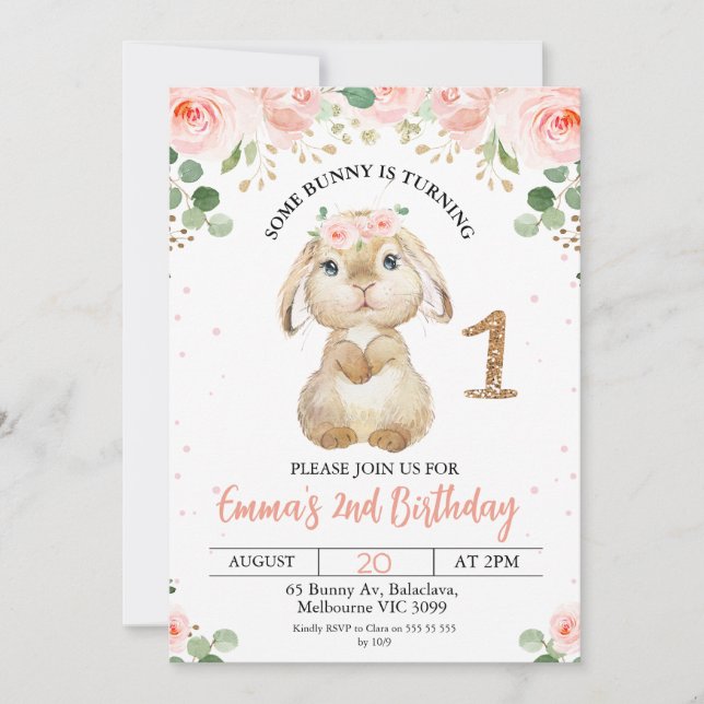 Pink Floral Bunny 1st Birthday Invitation (Front)