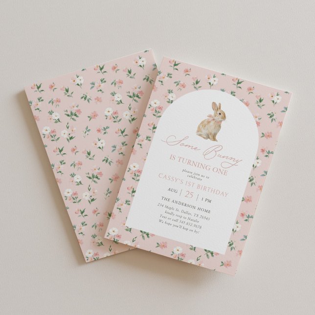 Pink Floral Bunny 1st Birthday Invitation (Creator Uploaded)