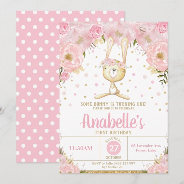 Pink Floral Bunny 1st Birthday Invitation Girl (Front/Back)