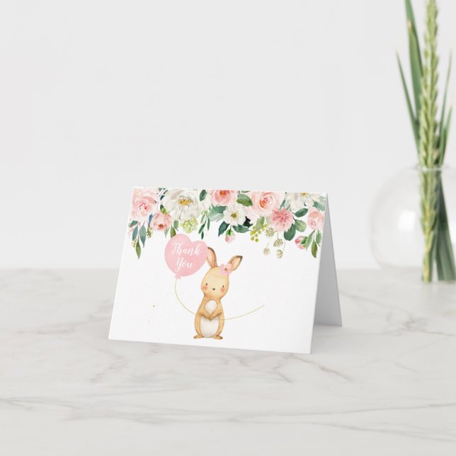 Pink Floral Bunny And Heart Balloon Thank You Card (Front)
