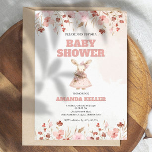 Pink Floral Bunny Baby Shower Invitation