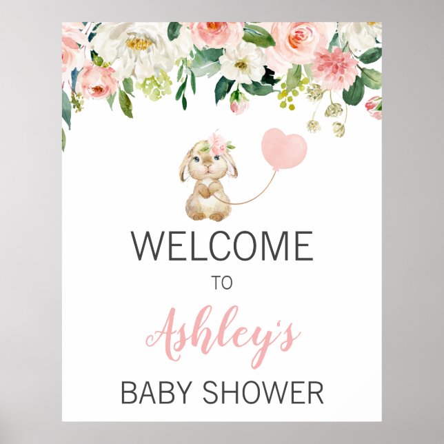 Pink Floral Bunny Balloon Baby Shower Welcome Sign (Front)