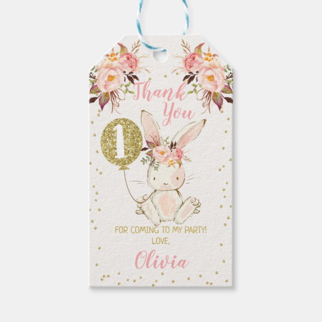 Pink Floral Bunny Balloon Birthday Gift Tag (Front)
