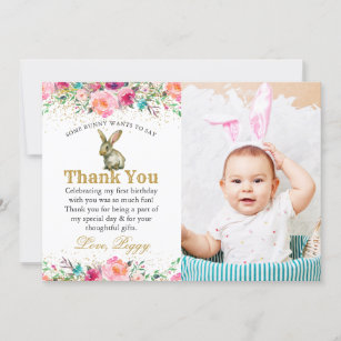 Pink Floral Bunny Birthday Photo Thank You Card