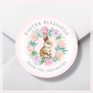 Pink Floral Bunny Easter Blessings  Classic Round Sticker