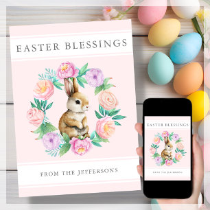 Pink Floral Bunny Easter Blessings  Holiday Card