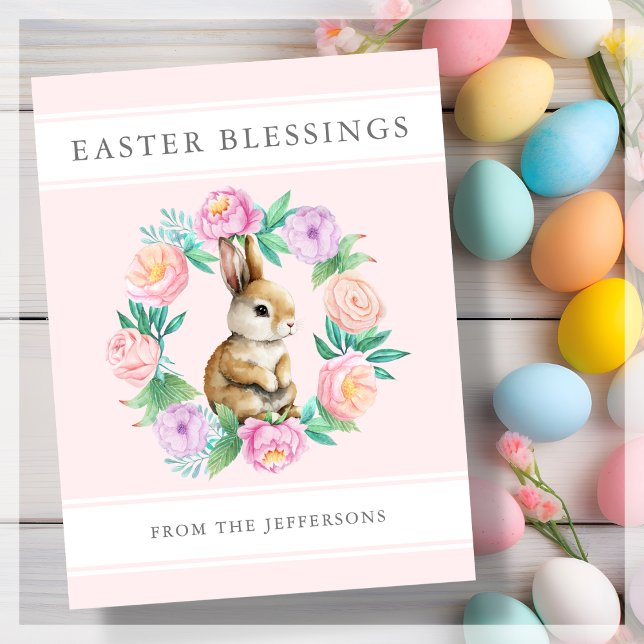 Pink Floral Bunny Easter Blessings  Holiday Postcard (Creator Uploaded)