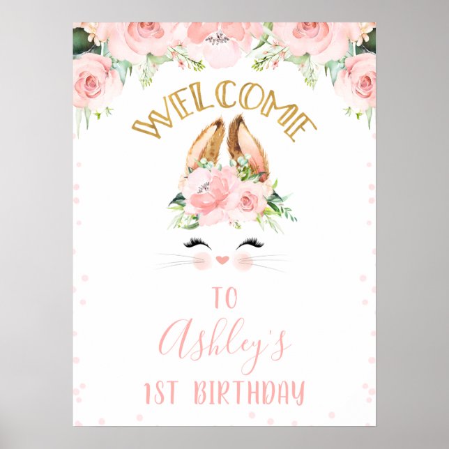 Pink Floral Bunny Face Welcome Birthday Party Sign (Front)