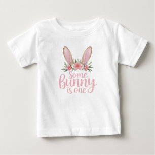 Pink Floral Bunny First Birthday Girl Shirt