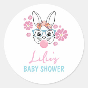 Pink Floral Bunny Girl Baby Shower personalized Classic Round Sticker