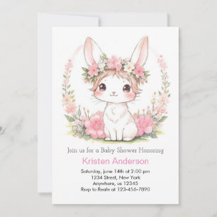 Pink Floral Bunny Magic Girl Baby Shower Invitation
