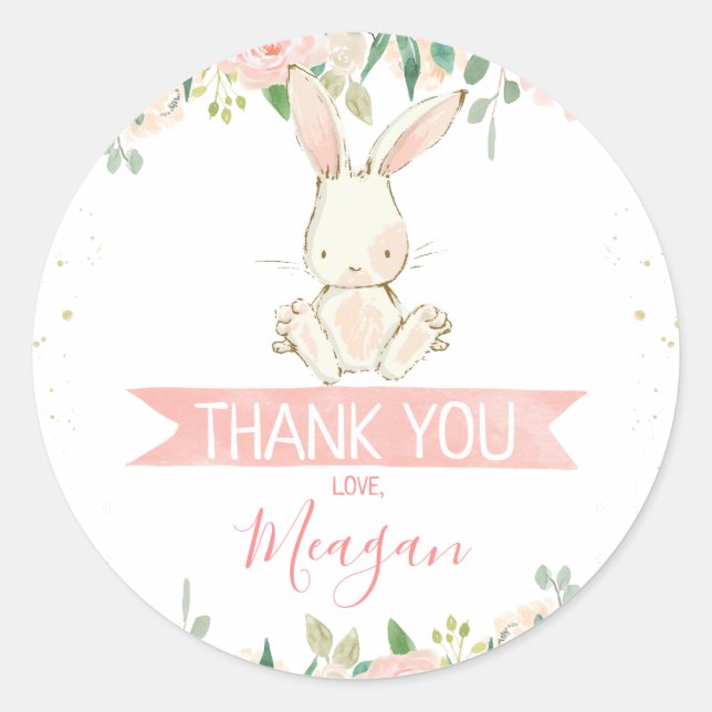 Pink Floral Bunny Rabbit 1st Birthday Classic Round Sticker (Front)