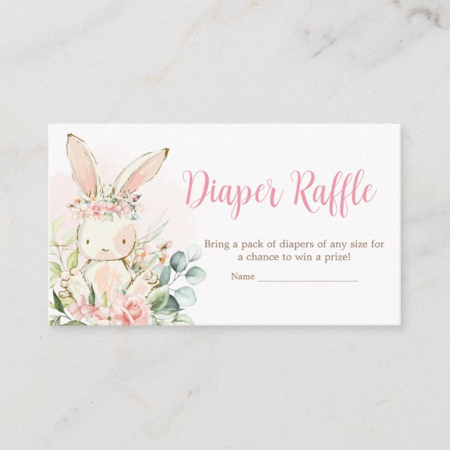 Pink Floral Bunny Rabbit Baby Shower Diaper Raffle Enclosure Card (Front)