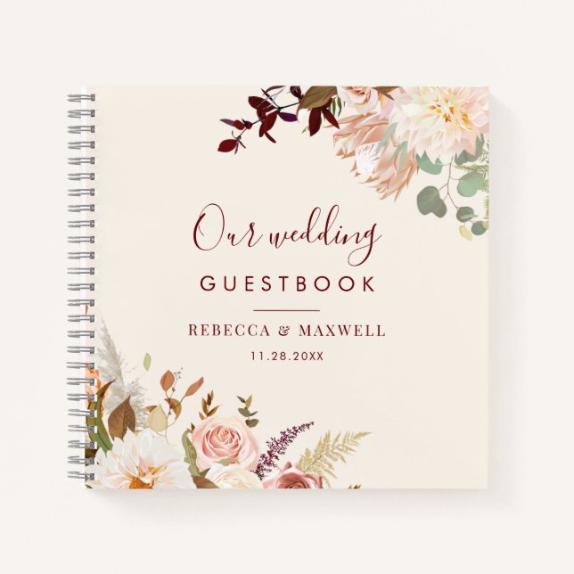 Pink Floral Burgundy Greenery Wedding Guest Book (Front)