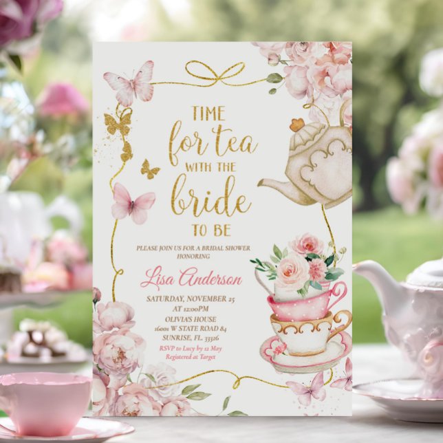 Pink Floral Butterflies Bridal Shower Tea Party  Invitation (Creator Uploaded)