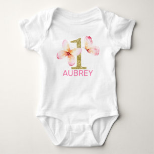 Pink Floral Butterflies Gold Glitter 1st Birthday  Baby Bodysuit