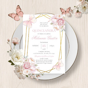 Pink Floral Butterflies Quinceañera Invitation