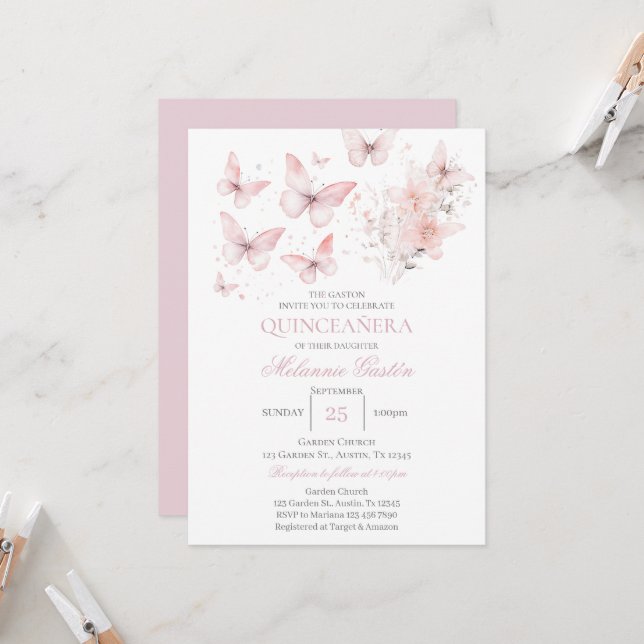 Pink Floral Butterflies Quinceañera Invitation (Front/Back In Situ)