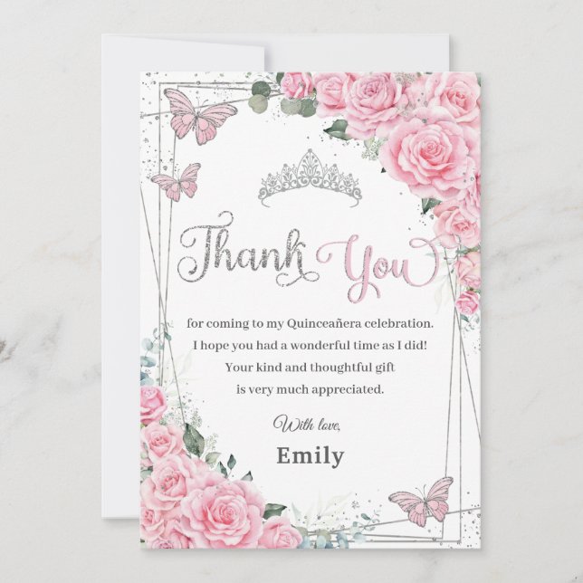 Pink Floral Butterflies Sweet Sixteen Quinceañera Thank You Card (Front)