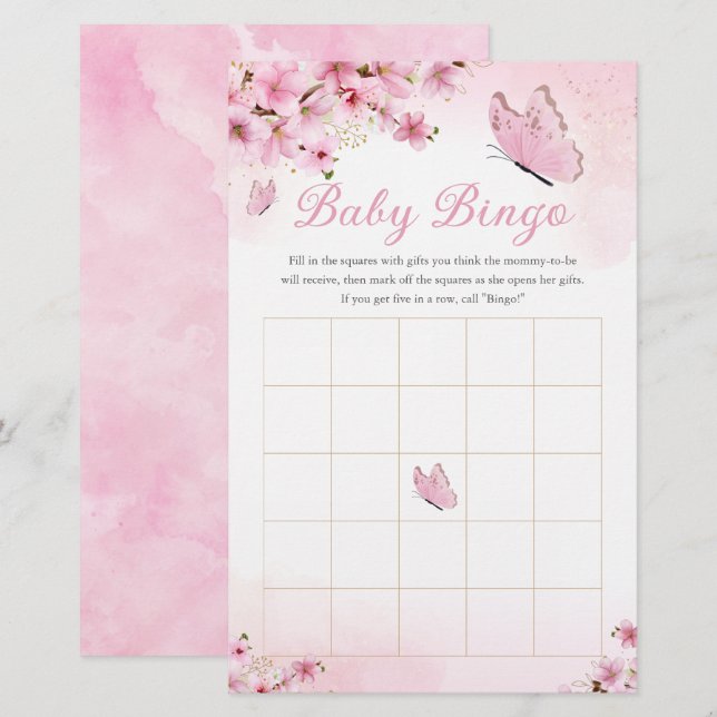  Pink Floral Butterfly Baby Shower Bingo Game  (Front/Back)