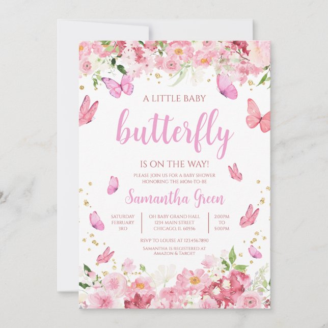 Pink Floral Butterfly Baby Shower Invitation (Front)