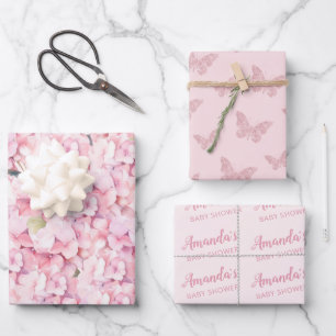 Pink Floral Butterfly Baby Shower Personalized Wrapping Paper Sheet
