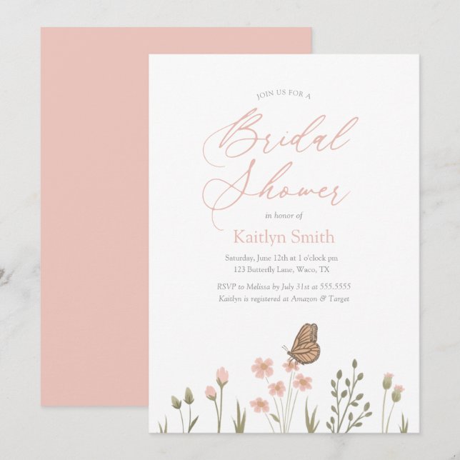 Pink Floral Butterfly Bridal Shower Invitation (Front/Back)
