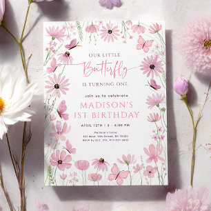 Pink Floral Butterfly First Birthday Invitation