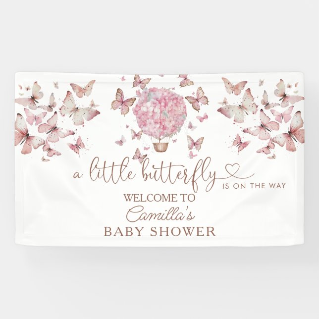 Pink Floral Butterfly Girl Baby Shower Banner (Horizontal)